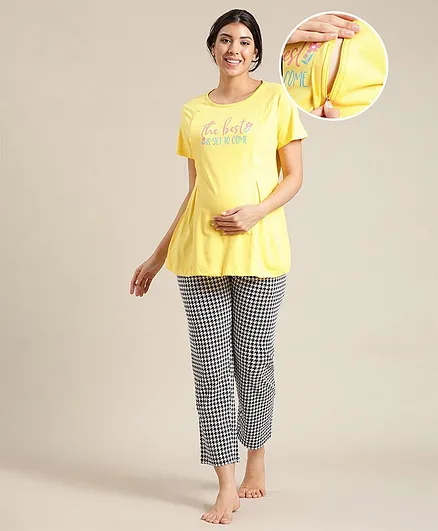 Bella Mama Half Sleeves Maternity Night Suit - Yellow Black