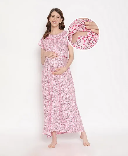 Bella Mama Half Sleeves Maternity Nighty Cherry Print - PInk