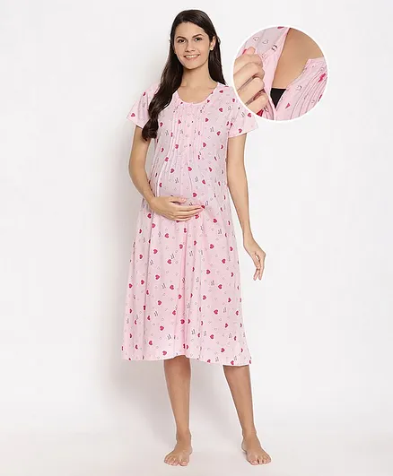 Bella Mama Half Sleeves Maternity Nighty Hearts Print - Pink