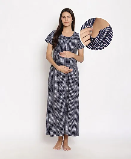 Bella Mama Half Sleeves Maternity Nighty Dots Print - Blue
