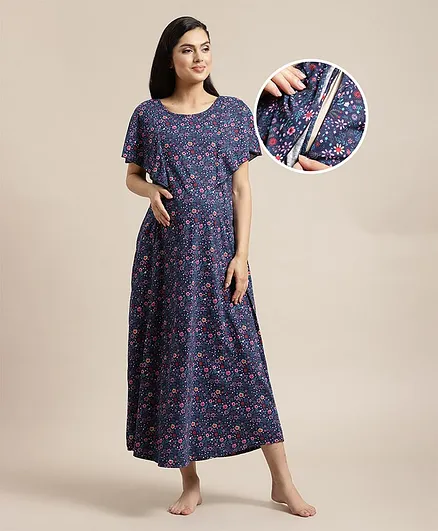 Bella Mama Half Sleeves Nursing Nighty Floral Print - Blue