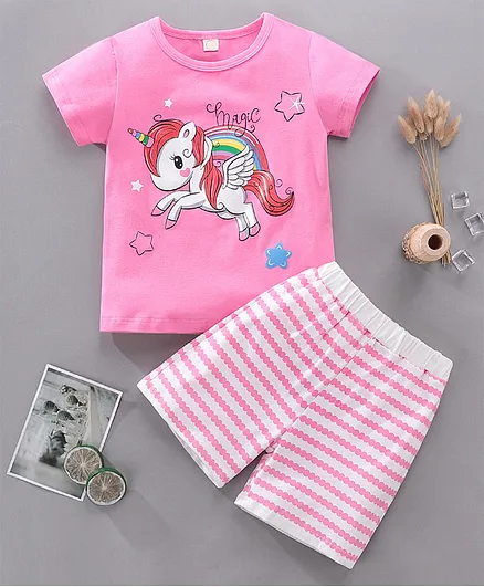 Kookie Kids Half Sleeves Night Suit Unicorn Print - Pink