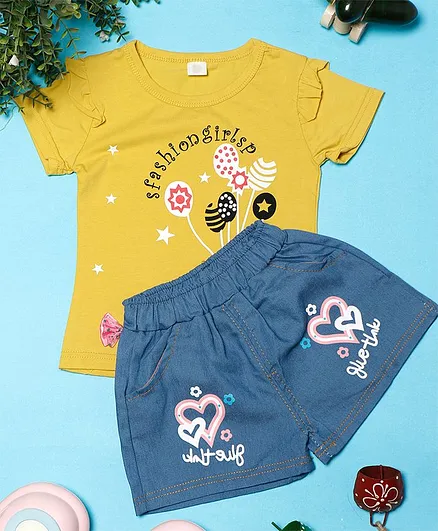PASSION PETALS Half Sleeves Candies Printed Top With Shorts - Yellow