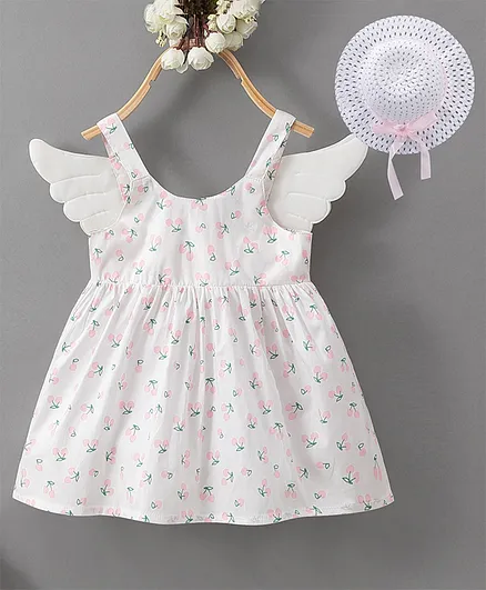 Kookie Kids Sleeveless Frock with Hat Lemon Print - White Pink