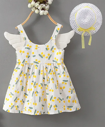 Kookie Kids Sleeveless Frock with Hat Lemon Print - Yellow
