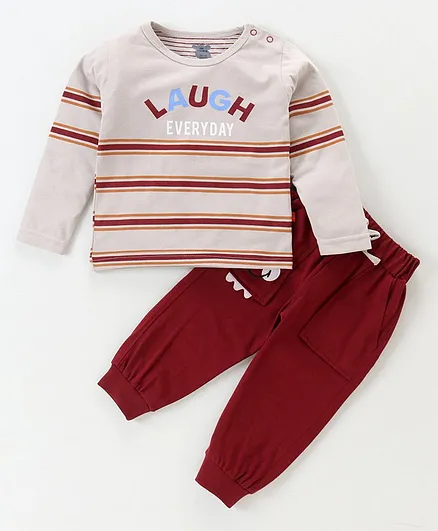 Mini Tauras Full Sleeves Tshirt & Bottom Wear Laugh Print - Maroon