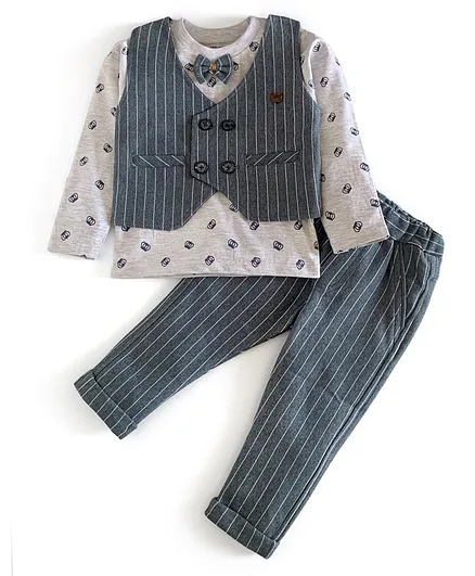 Mini Taurus 3 Piece Full Sleeves Party Suit With Bow - Blue