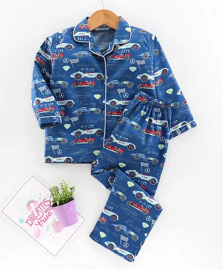 Enfance Core Full Sleeves Sports Car Print Night Suit - Blue