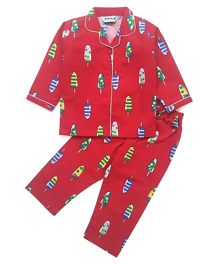 Enfance Core Full Sleeves Ice Cream Printed Night Suit - Red