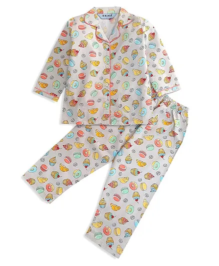 Enfance Core Full Sleeves Donuts & Cup Cakes Printed Night Suit - Grey