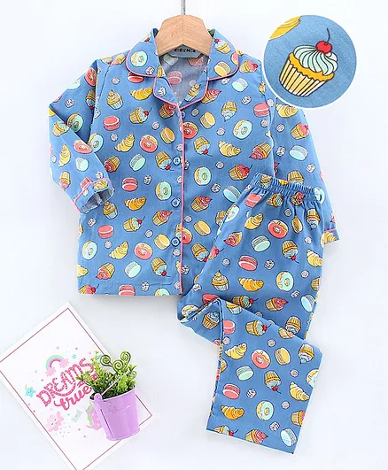 Enfance Core Full Sleeves Donuts & Cup Cakes Printed Night Suit - Blue