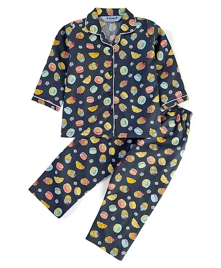 Enfance Core Full Sleeves Donuts & Cup Cakes Printed Night Suit - Dark Green