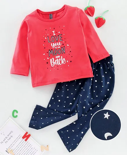 Enfance Core Full Sleeves Love Quote Printed Night Suit - Red