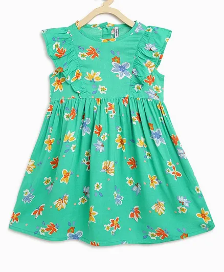 Campana Short Sleeves Floral Print Janet Frilly Dress - Green