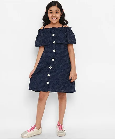 Natilene Off Shoulder Schiffly Embroidery Cotton Dress - Navy