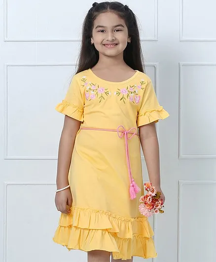Hola Bonita Half Sleeves A Line Frock Floral Embroidery - Yellow