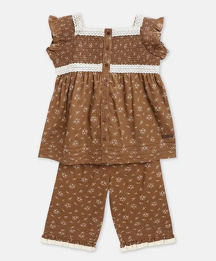Cherry Crumble By Nitt Hyman Short Sleeves Floral Print Night Suit - Brown