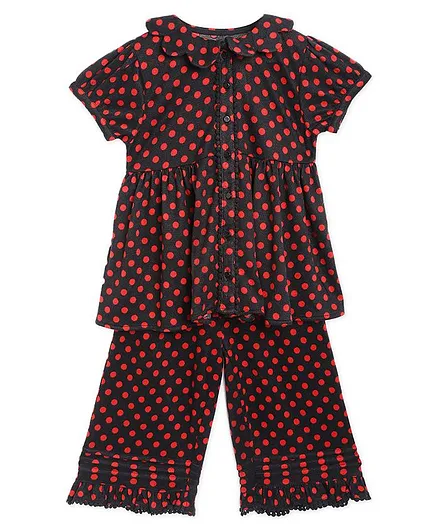 Cherry Crumble By Nitt Hyman Half Sleeves Polka Dot Printed Night Suit - Black & Red