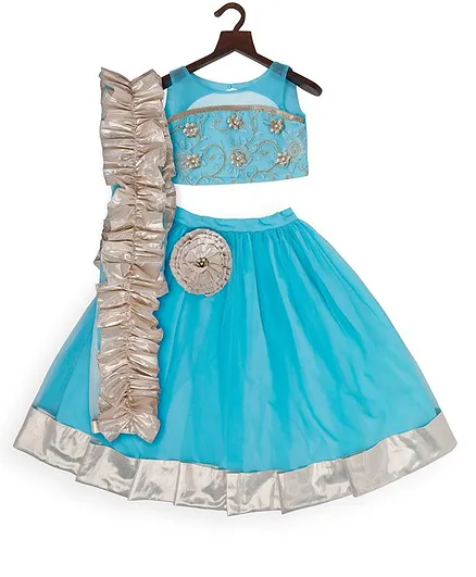PinkCow Sleeveless Flower Design Choli With Flared Lehenga & Dupatta - Light Blue