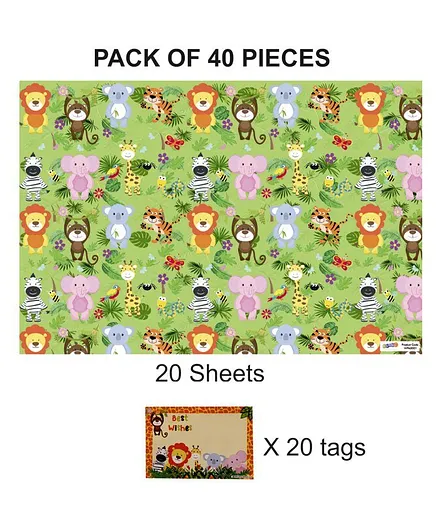 Party Anthem Jungle Animals Gift Wrapping Paper with Name Tags Green - Pack of 40