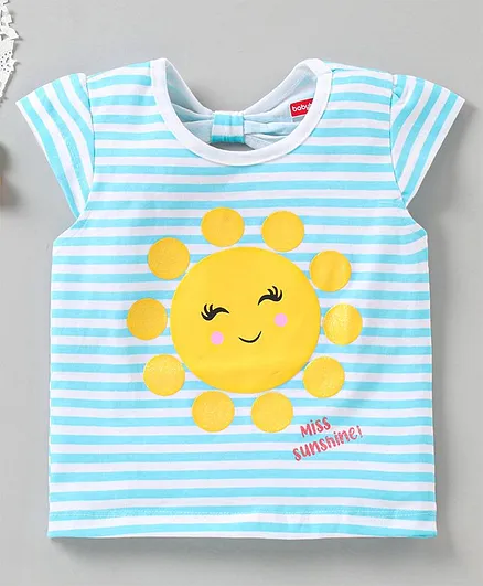 Babyhug Short Striped Biowashed Tee Sun Print - Blue