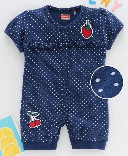 Babyhug Half Sleeves 100% Cotton Romper Polka Dot Print - Navy Blue