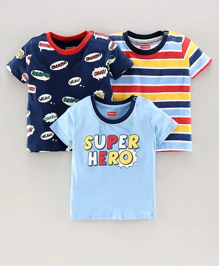 Babyhug Half Sleeves Tee Text Print Pack of 3 - Blue