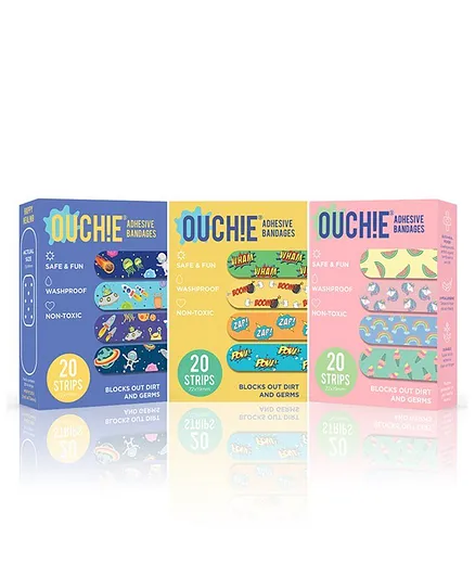 Ouchie Printed Bandages Pack of 3 Blue Yellow Pink - 20 Bandages each