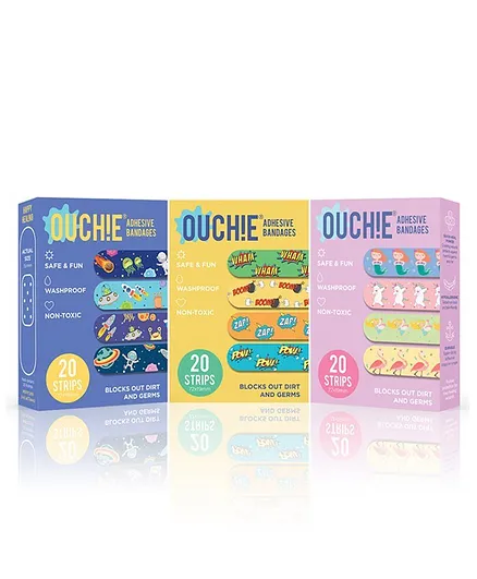 Ouchie Printed Bandages Pack of 3 Blue Yellow Purple - 20 Bandages each