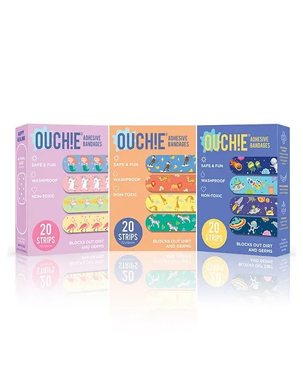Ouchie Printed Bandages Pack of 3 Blue Purple Orange - 20 Bandages each