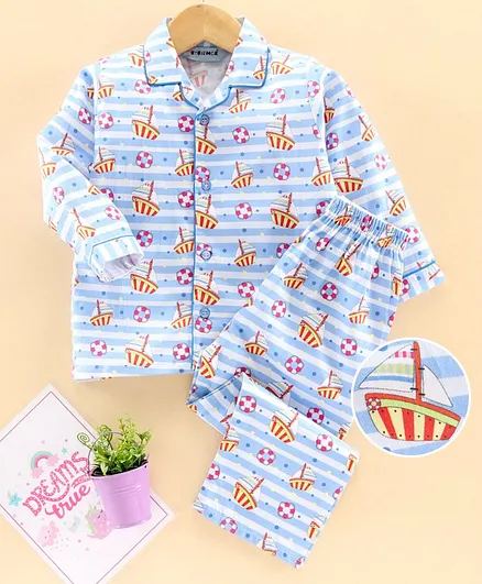 Enfance Core Full Sleeves Stripes & Yacht Printed Night Suit - Blue