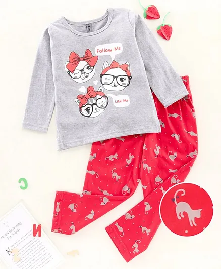 Enfance Core Full Sleeves Cat Print Night Suit - Red