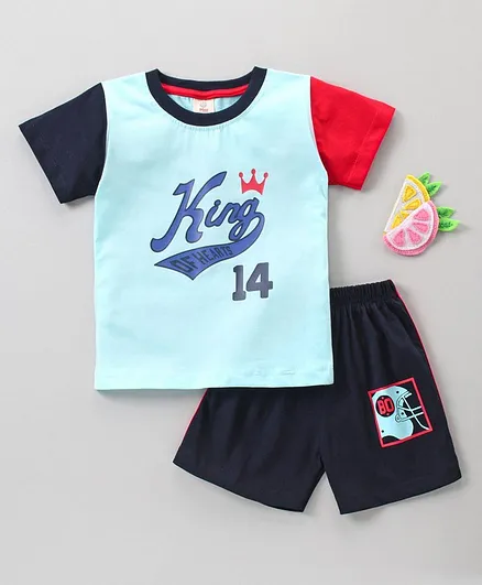 Mini Donuts Half Sleeves T-Shirt and Shorts Set King Print - Blue