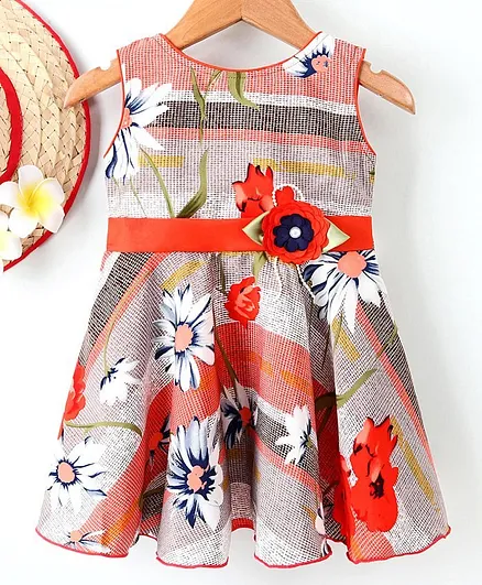 Enfance Core Sleeveless Flower Printed Sleeveless Dress - Orange