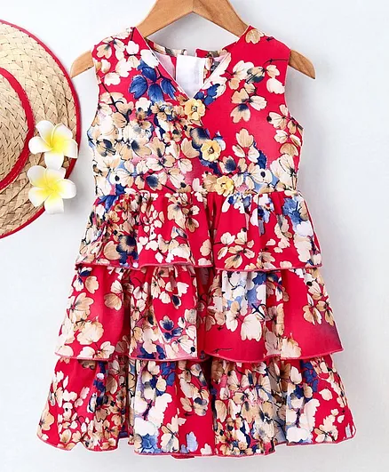 Enfance Core Sleeveless Flower Printed Layered Casual Dress - Pink