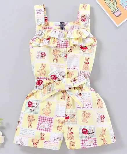 Enfance Core Sleeveless Rabbit & Teddy Bear Printed Jumpsuit - Yellow