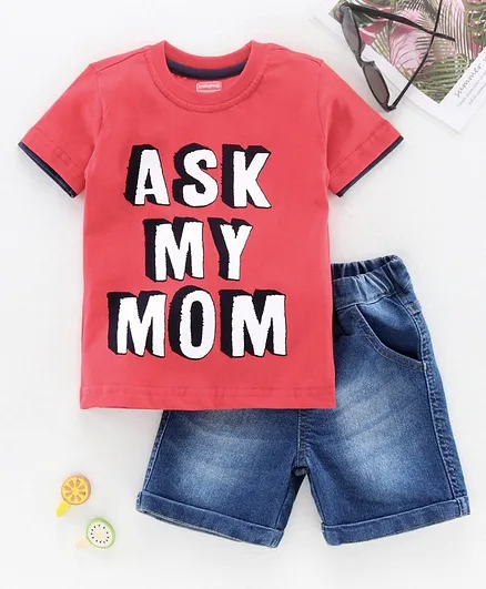 Babyhug Half Sleeves Tee and Denim Shorts Set Text Print - Red