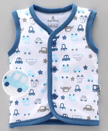 Child World Sleeveless Vest Car Print - White Grey Blue