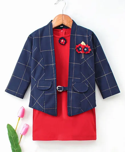 Enfance Core Sleeveless Dress With Checked Full Sleeves Jacket - Red