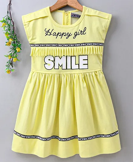 Enfance Core Cap Sleeves Smile Print Dress - Lemon Yellow