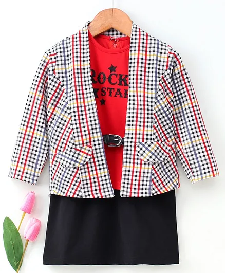 Enfance Core Sleeveless Text Print Dress With Checked Jacket - Red