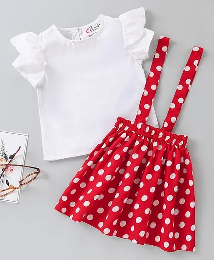 M'andy Short Sleeves Top With Polka Dot Print Skirt & Headband - Red