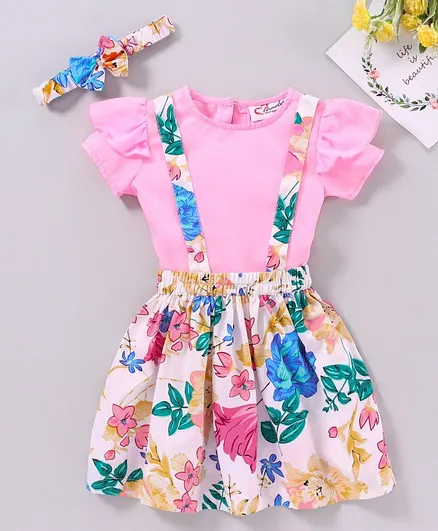 M'andy Short Sleeves Top With Floral Print Skirt & Headband - Pink