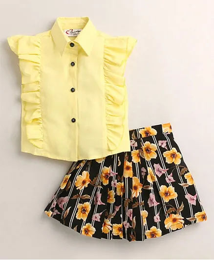 M'andy Sleeveless Ruffled Top With Floral Print Skirt - Yellow