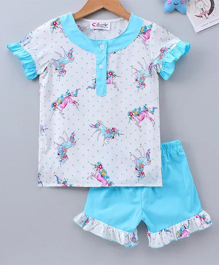 M'andy Unicorn Print Short Sleeves Night Suit - White