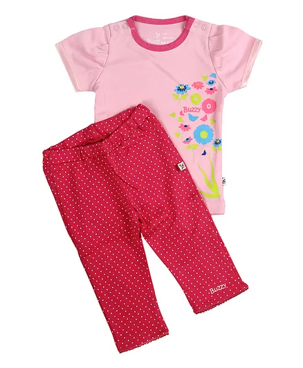 Buzzy Short Sleeves Flower Print Top & Bottom Set - Pink