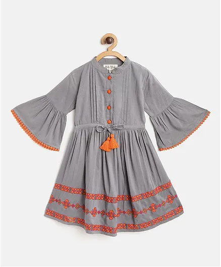 Bella Moda Three Fourth Sleeves Design Embroidered Dress - Grey