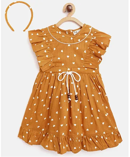 Bella Moda Cap Sleeves Heart Print Dress With Bloomers & Hair Band - Brown