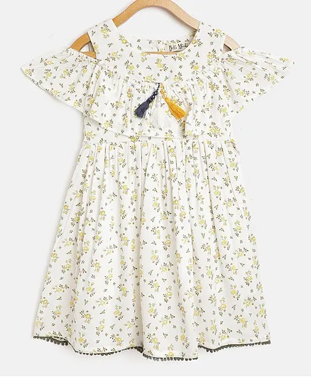 Bella Moda Half Sleeves Floral Print Cold Shoulder Dress - White