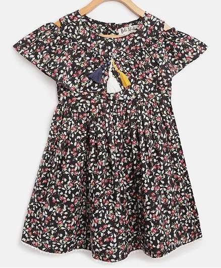 Bella Moda Half Sleeves Floral Print Cold Shoulder Dress - Black